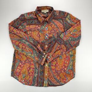 Jones New York Sport Petite Multicolor Paisley Button-Up Blouse PM Boho Chic